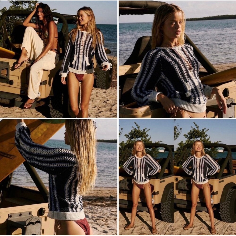 Free People Dayton Beach Navy White Striped Open Knit Crochet Sweater XS